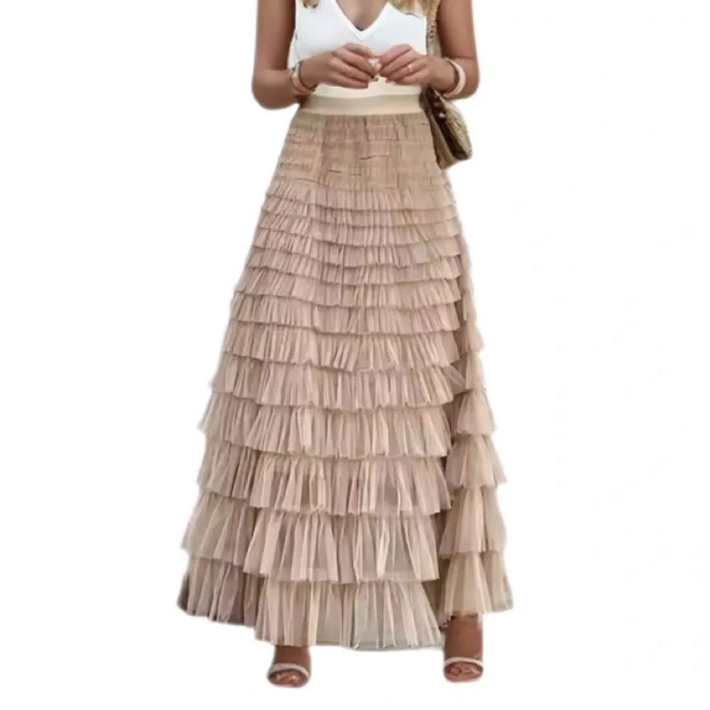 Multilayer Ruffle Mesh Skirt Women Boho High Waist Long Maxi Tulle Skirt - Picture 4 of 4